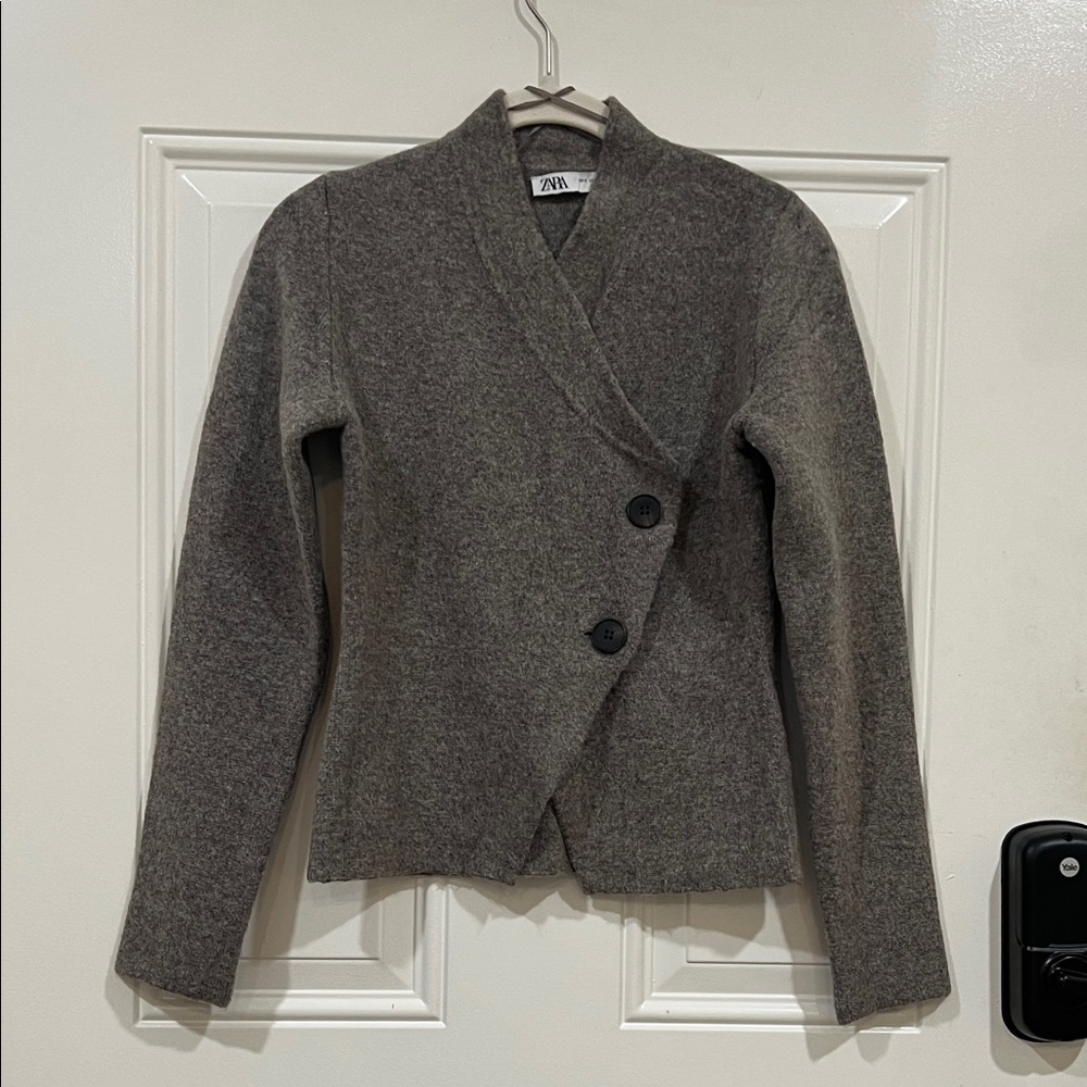 Zara Gray Asymmetric Button Wool Blend Cardigan
